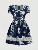 Dark Graphic Print Gothic Mini Dress with Alternative Streetwear Style