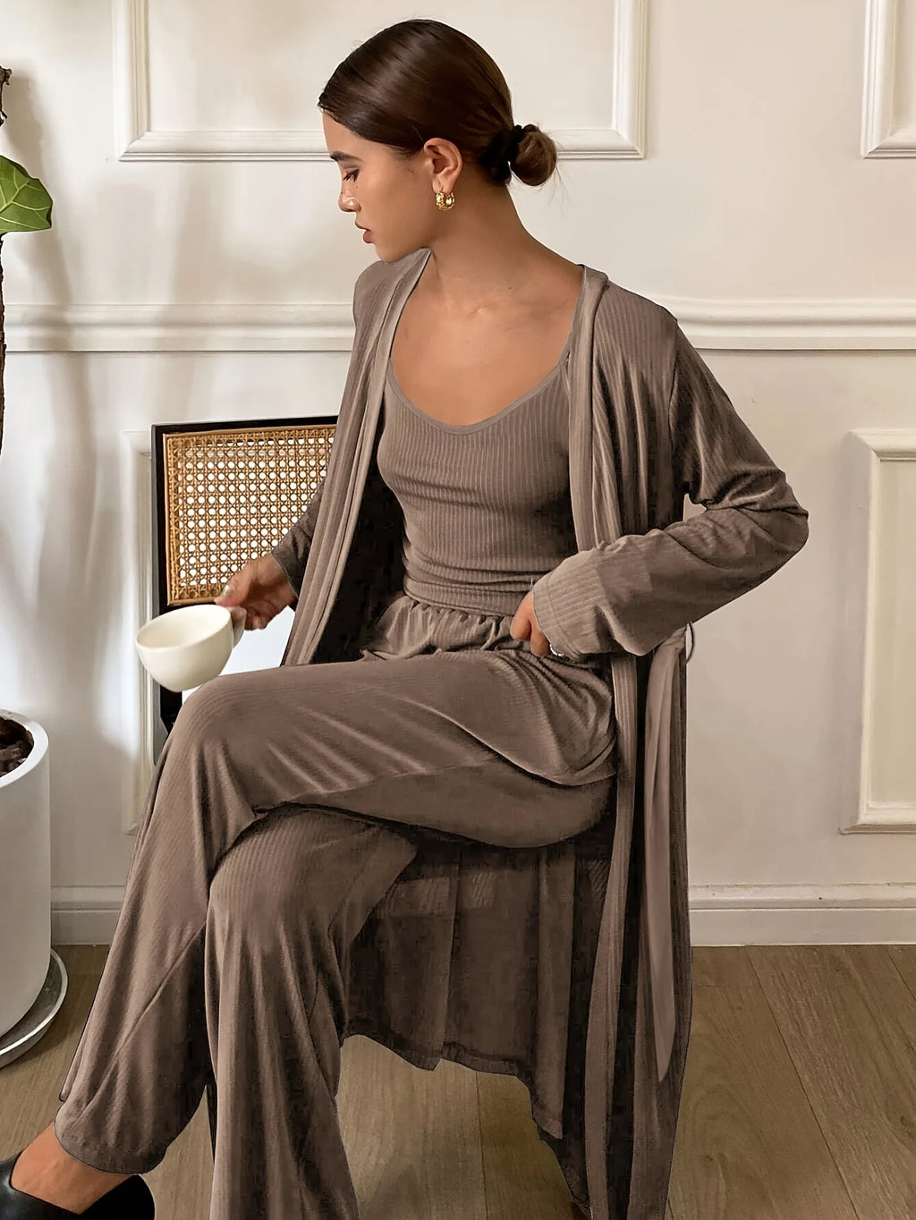 Women's Three-Piece Fall Pajama Set with Sleeveless Camisole, Long-Sleeve Robe and Matching Ankle-Length Pants