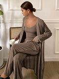 Women's Three-Piece Fall Pajama Set with Sleeveless Camisole, Long-Sleeve Robe and Matching Ankle-Length Pants