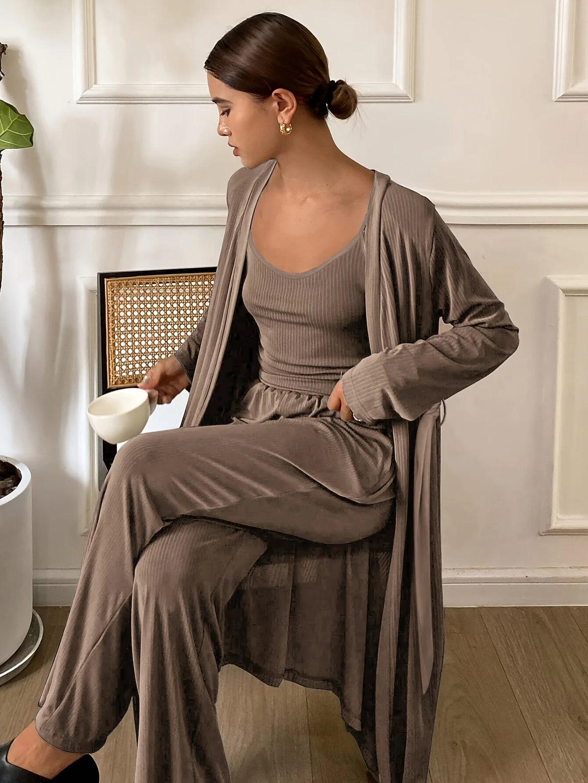 Women's Three-Piece Fall Pajama Set with Sleeveless Camisole, Long-Sleeve Robe and Matching Ankle-Length Pants