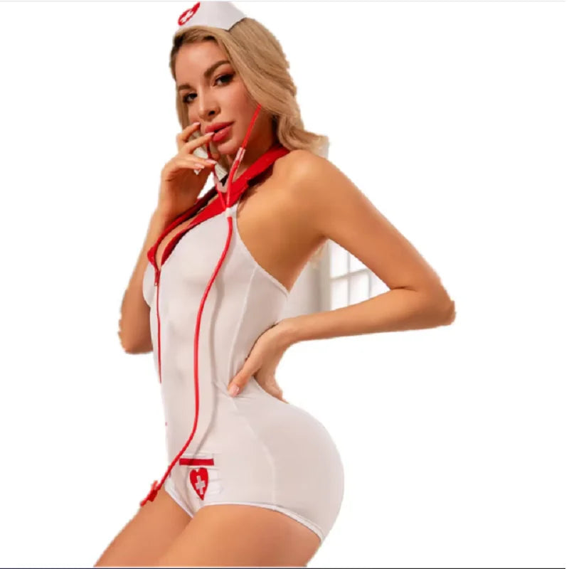 Crisp White V-Neck Bodysuit with Bold Red Trim and Zipper Detailing