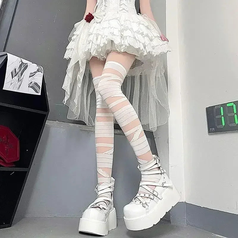 Distressed Over The Knee Fishnet Stockings Punk Y2K Alternative Hosiery