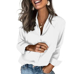 Classic Solid Black Satin-Finish Button-Down Blouse with Straight Silhouette