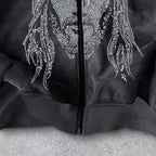 Vintage Washed Gothic Zip Hoodie With Anime Streetwear Artwork