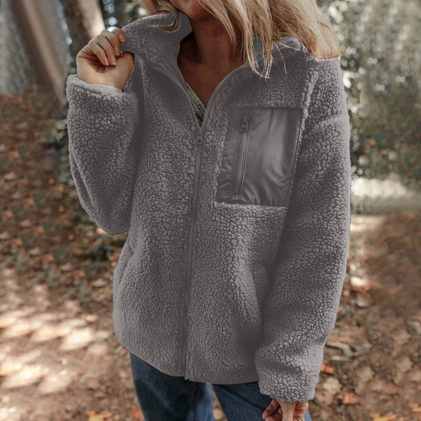 Women's Plush Teddy Fleece Zip Jacket with Relaxed Hooded Everyday Comfort Style