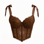 Romantic White Lace Bustier Top with Ribbon Tie Straps and Structured Silhouette