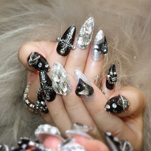 Gothic 3D Press On Nails with Dark Alternative Statement Charm Details