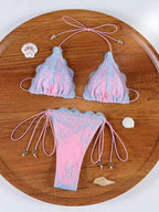 Romantic Blush Pink Lace-Textured Triangle String Bikini with Ruffled Trim