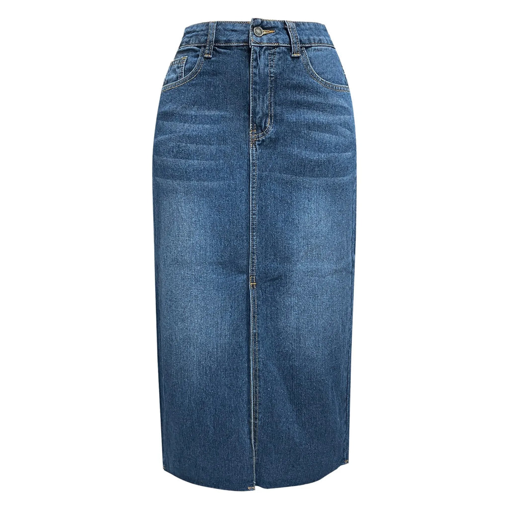 High Waist Denim Midi Skirt with Front Slit Casual Contemporary Everyday Fashion