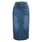 High Waist Denim Midi Skirt with Front Slit Casual Contemporary Everyday Fashion