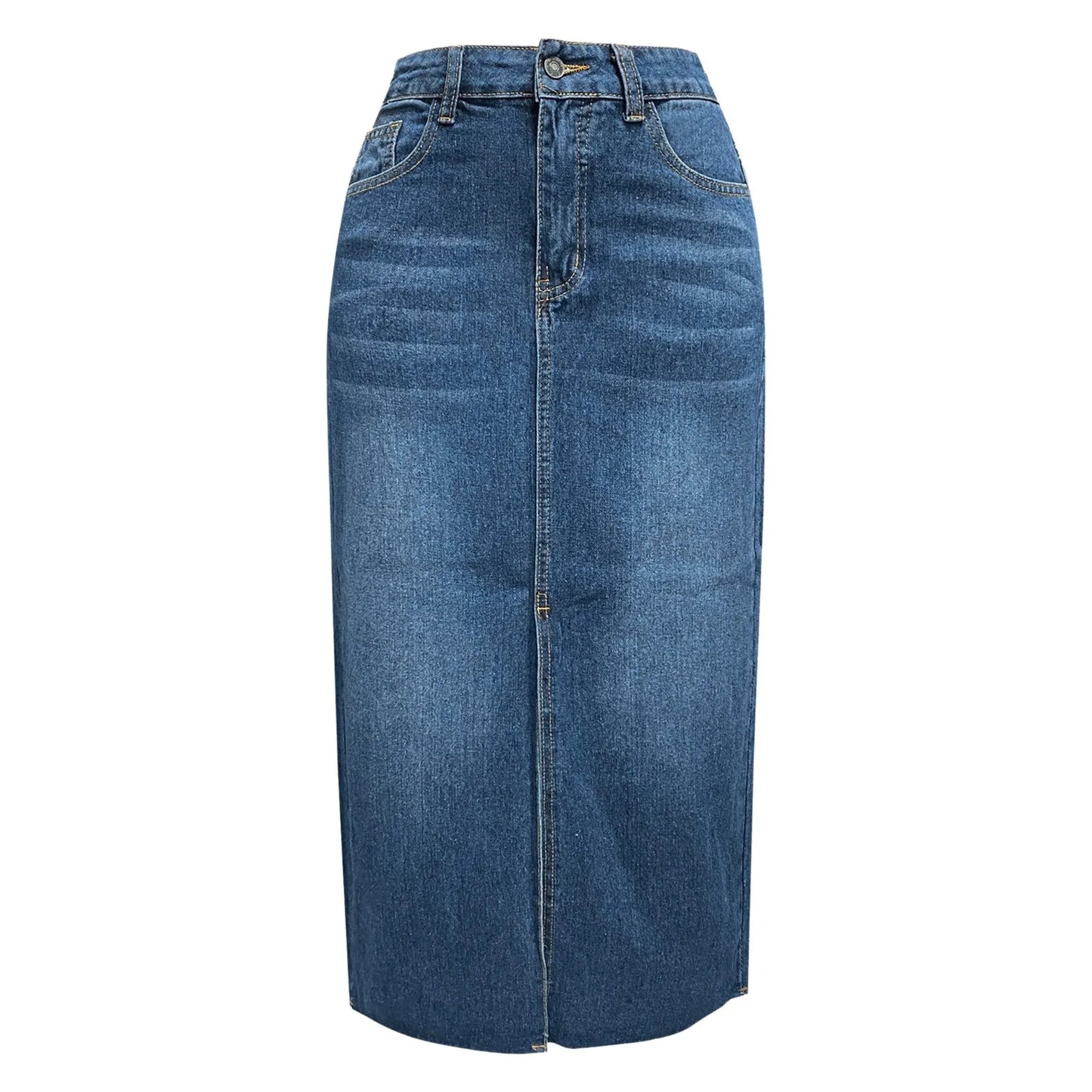 High Waist Denim Midi Skirt with Front Slit Casual Contemporary Everyday Fashion