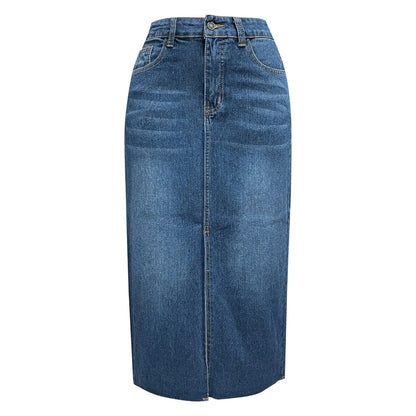 High Waist Denim Midi Skirt with Front Slit Casual Contemporary Everyday Fashion