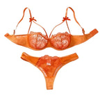 Vibrant Orange Strappy Lace Push-Up Bra and Thong Set
