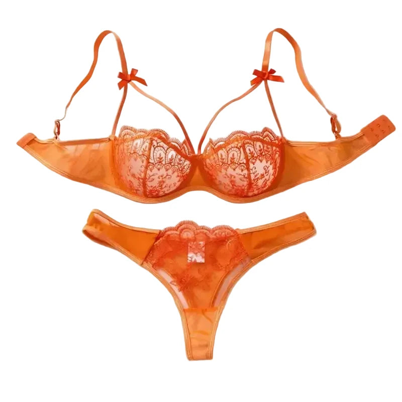 Vibrant Orange Strappy Lace Push-Up Bra and Thong Set