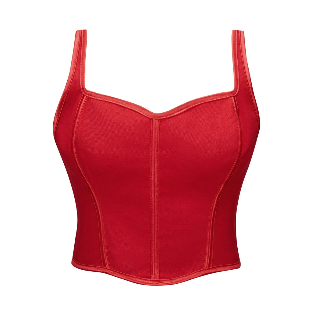 Coquette Flocked Floral Mesh Corset Top with Contrasting Trim and Sweetheart Neckline