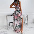 Floral Print Maxi Dress with Sleeveless Design and High Slit Hem