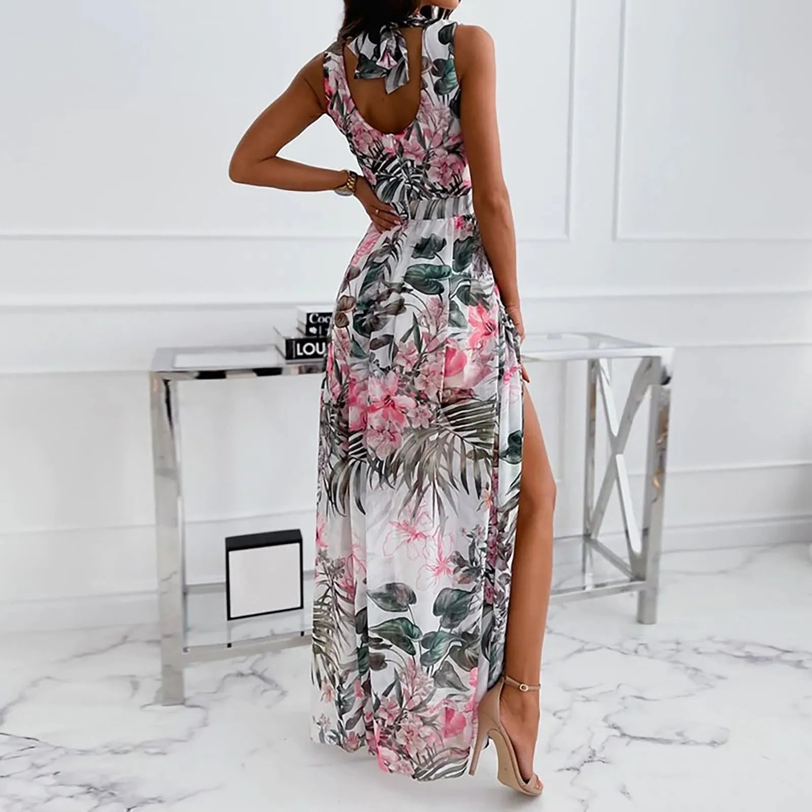 Floral Print Maxi Dress with Sleeveless Design and High Slit Hem