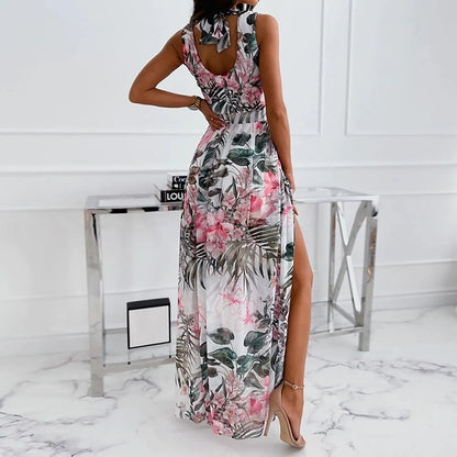 Floral Print Maxi Dress with Sleeveless Design and High Slit Hem