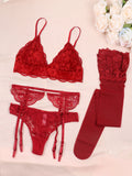 Romantic Red Floral Lace Bralette and Garter Lingerie Set with Matching Stockings