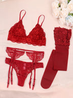 Romantic Red Floral Lace Bralette and Garter Lingerie Set with Matching Stockings