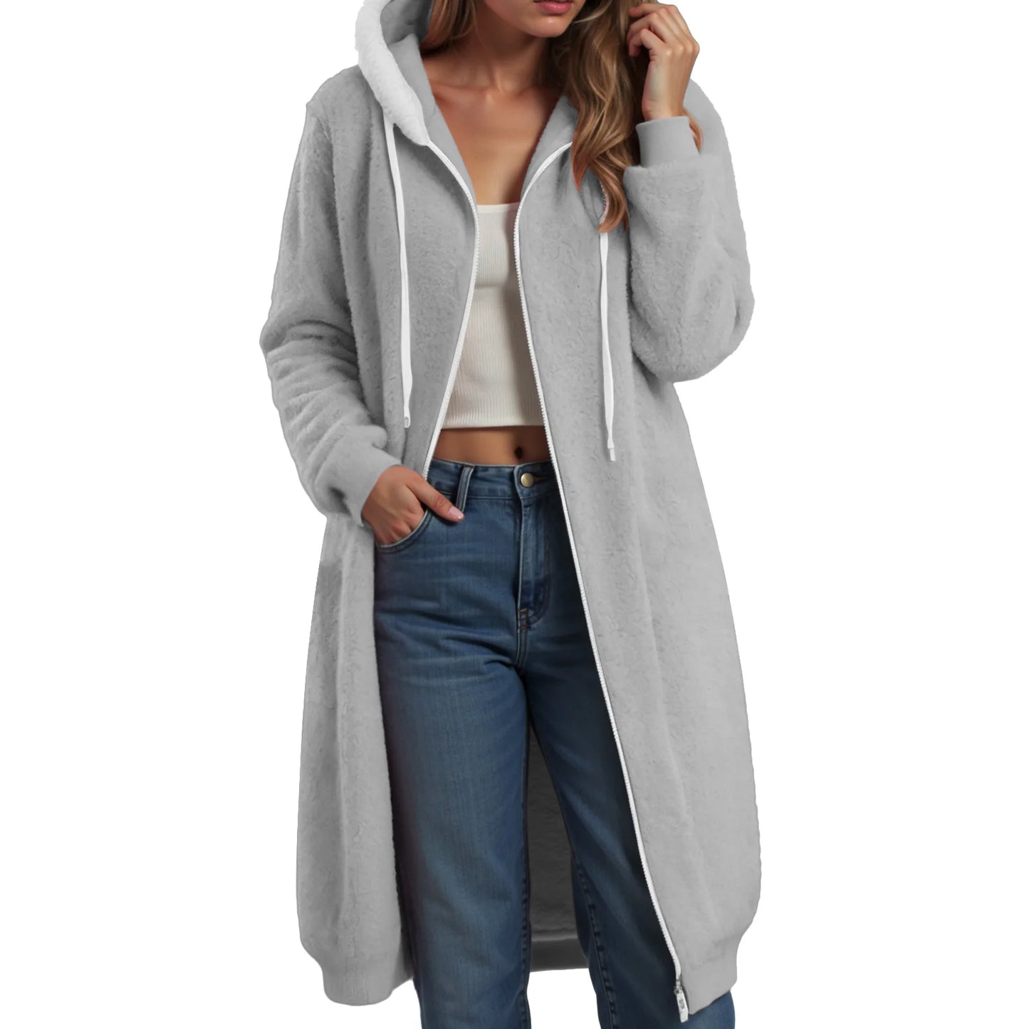 Longline Plush Fleece Hooded Jacket with Relaxed Streetwear Layering Fit