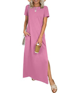 Relaxed Crew Neck Maxi Dress with Side Slits and Functional Pockets