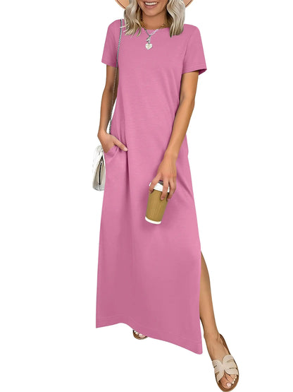 Relaxed Crew Neck Maxi Dress with Side Slits and Functional Pockets
