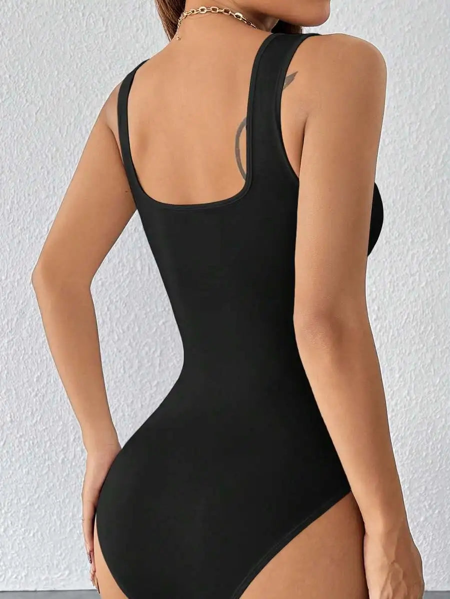 Square Neck Wide Strap Bodycon Bodysuit for Gothic and Alternative Styling