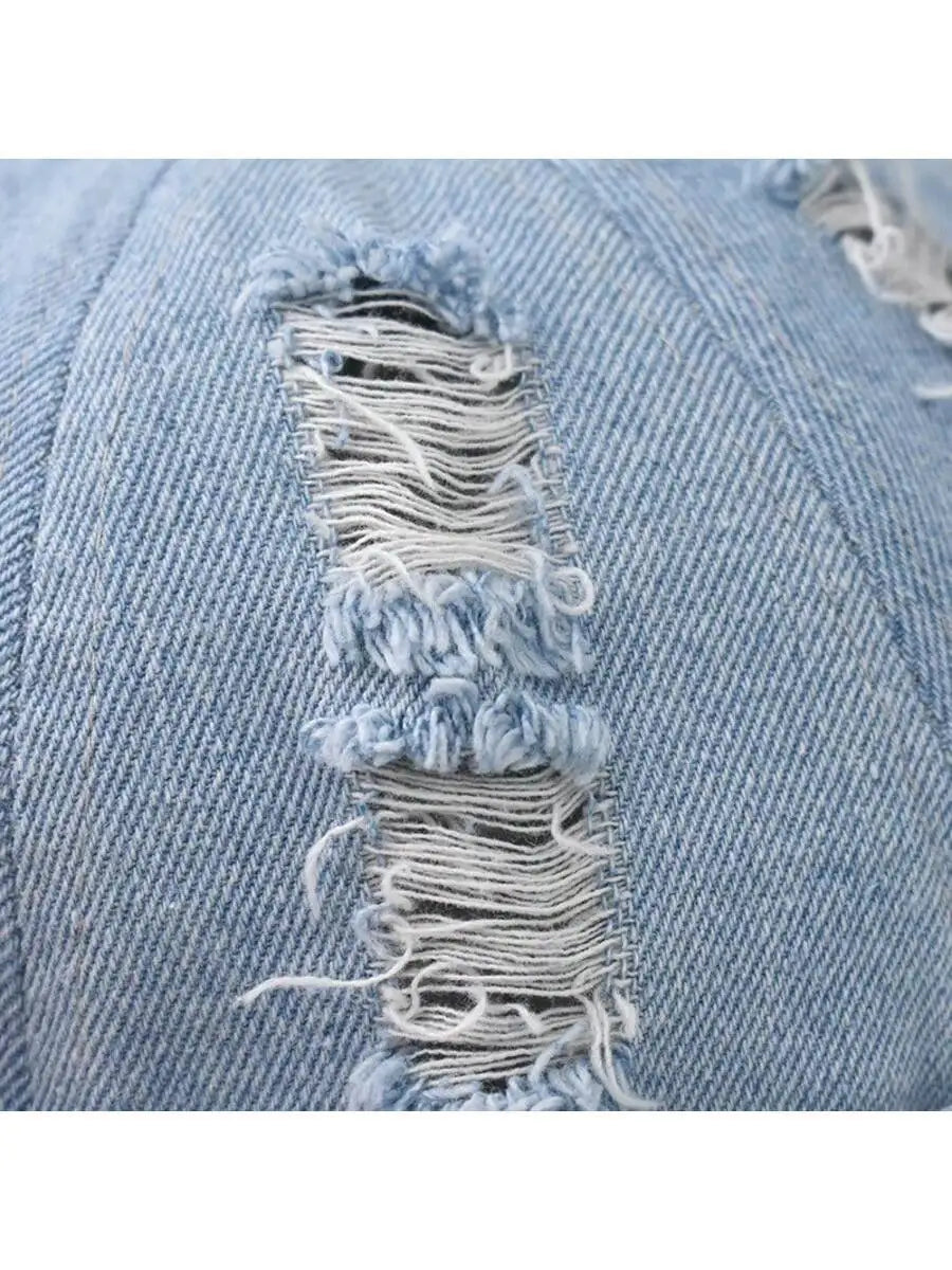 Vintage Washed Denim Skull Cap Distressed Casual Streetwear Fisherman Style Hat