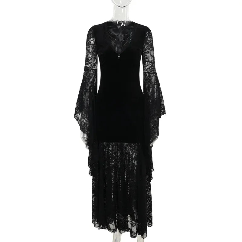 Flowing Gothic Velvet Dress with Dark Alternative Streetwear Elegance
