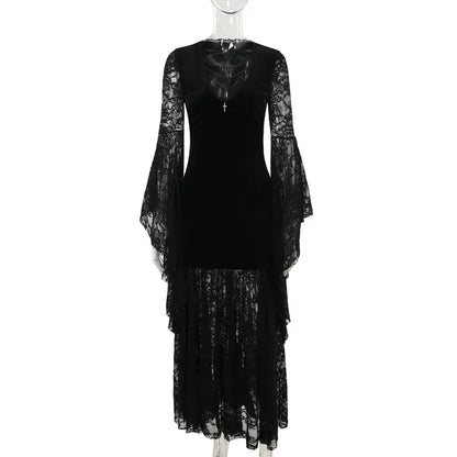 Flowing Gothic Velvet Dress with Dark Alternative Streetwear Elegance