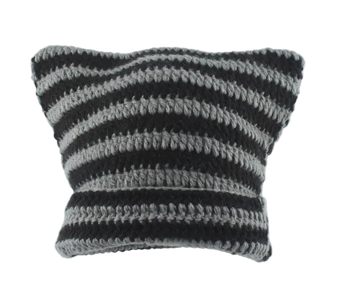 Striped Cat Ear Knit Beanie with Cotton Acrylic Blend for Playful Streetwear Fashion Style