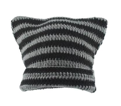 Striped Cat Ear Knit Beanie with Cotton Acrylic Blend for Playful Streetwear Fashion Style