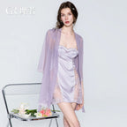 Ethereal Ivory Two-Piece Sleepwear Set with Lace-Paneled Chemise and Sheer Long-Sleeve Robe