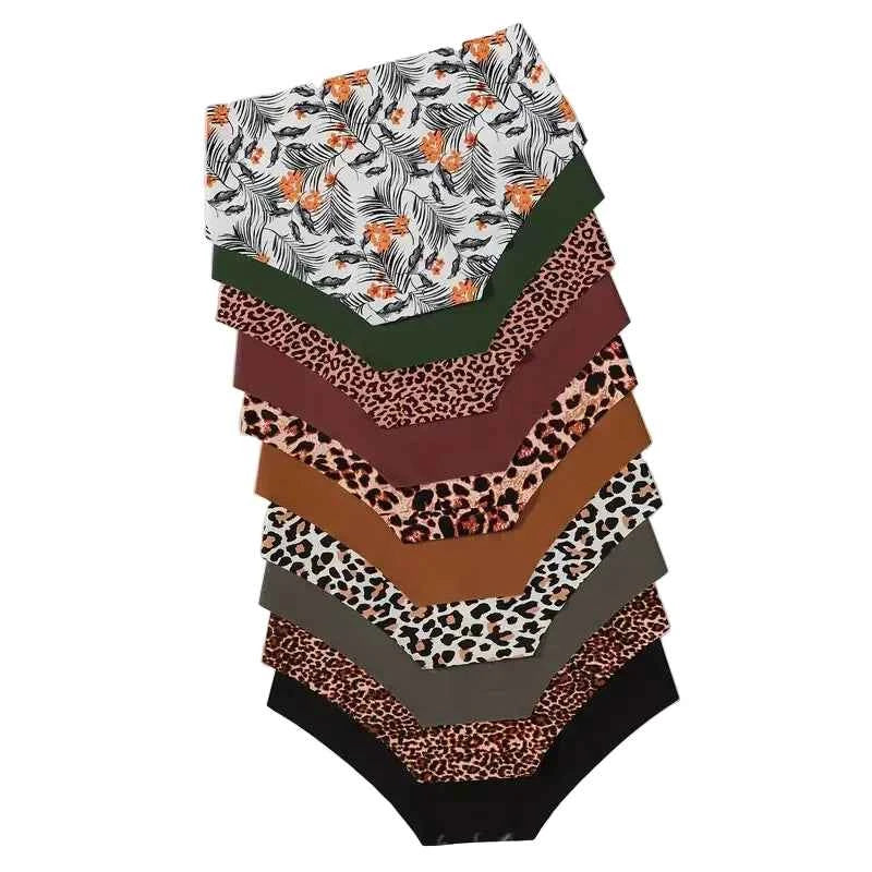 10-Piece Women’s Seamless-Style Hipster Briefs Set with Tropical Floral and Leopard Prints, Plus Assorted Solid Colors