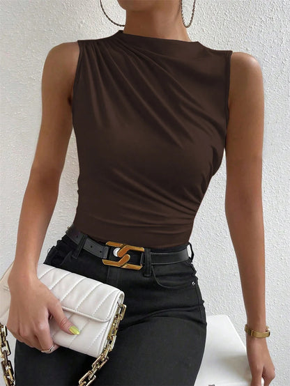 Mock Neck Ruched Tank Top with Slim Fit Stretch Everyday Modern Streetwear Style