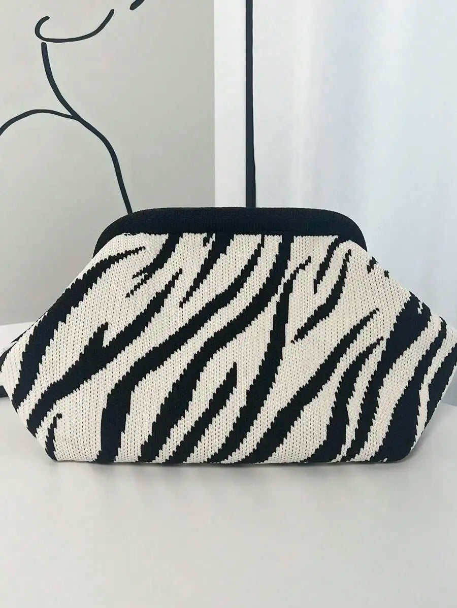 Animal Pattern Knit Clutch Bag with Compact Shoulder Carry Design