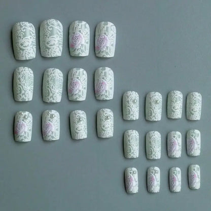 Elegant Lace Pattern Press On Nails with Romantic Vintage Inspired Artwork