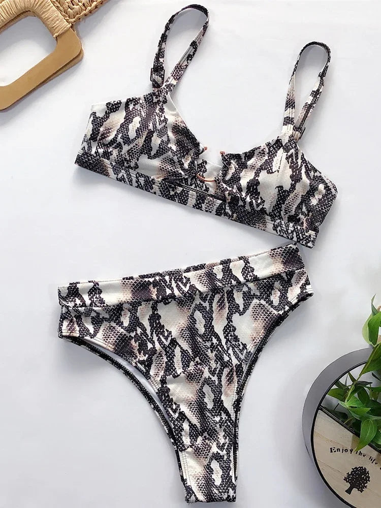 Bold Leopard Print Bralette Bikini with U-Notch Detail and High-Waisted Bottom