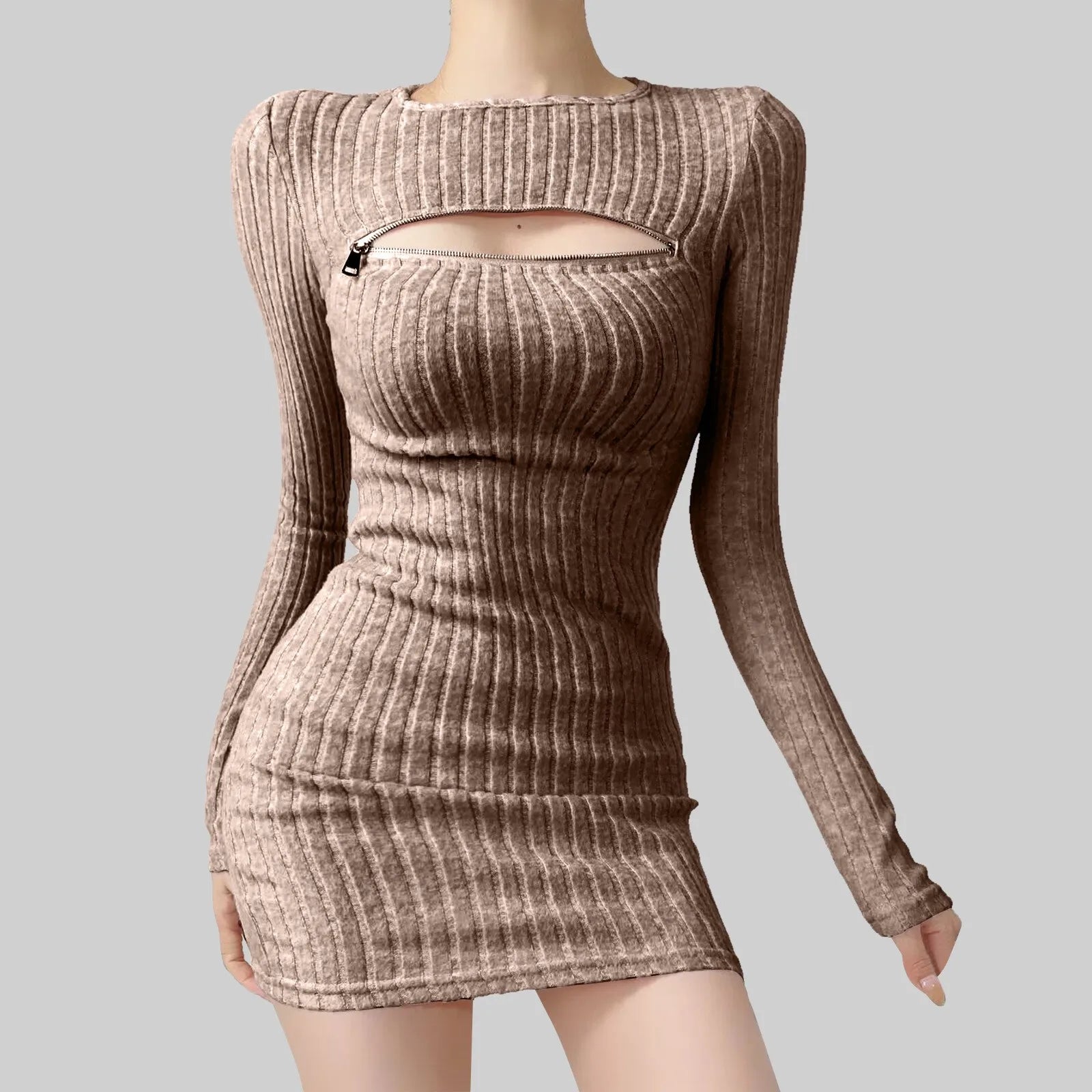 Ribbed Long Sleeve Sweater Mini Dress with Cutout Detail Contemporary Style