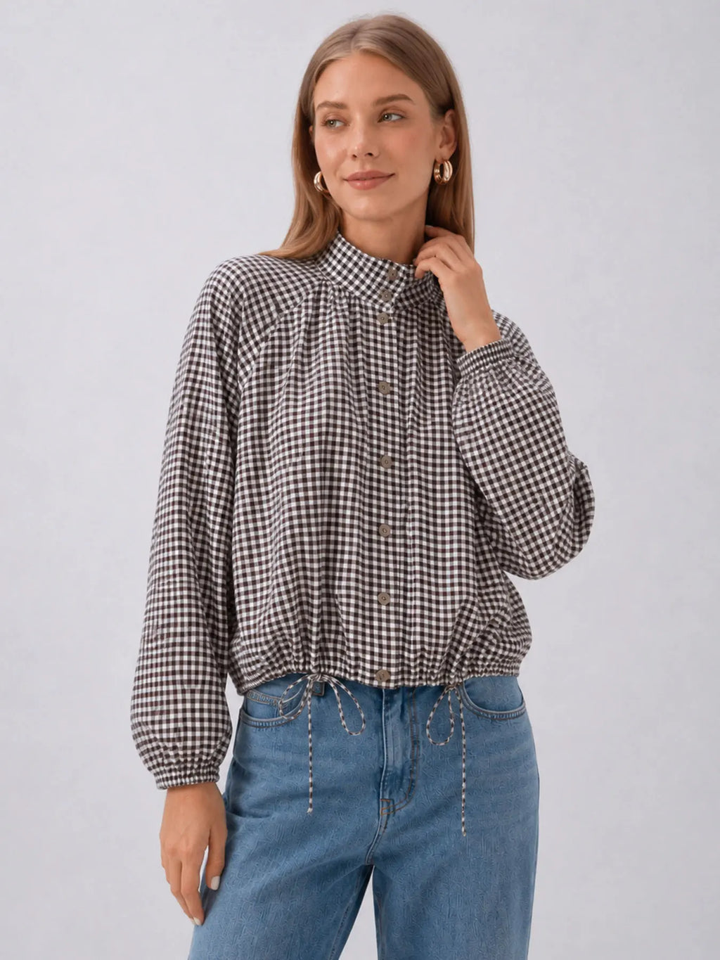 Vintage-Inspired Plaid Blouse with Stand Collar and Drawstring Hem