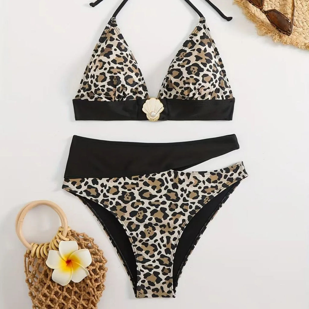 Geometric Pattern High-Waisted Bikini with Solid Navy Contrast Banding