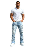 Men's Stacked Straight Denim Jeans with Frayed Distressed Details and Vintage Streetwear Fit