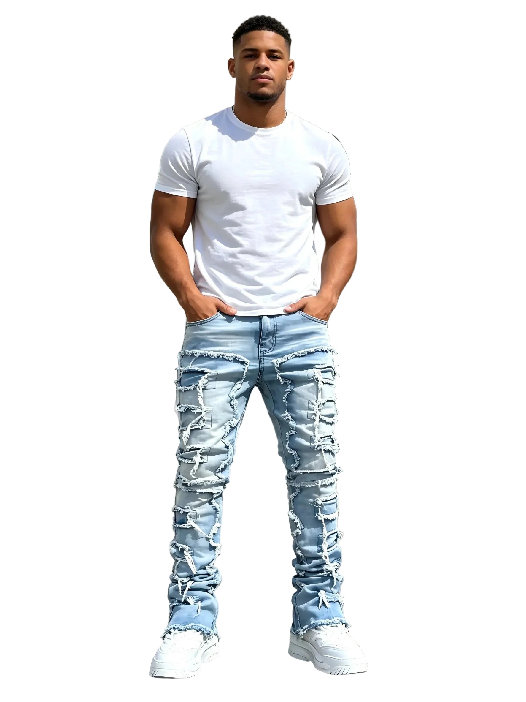 Men's Stacked Straight Denim Jeans with Frayed Distressed Details and Vintage Streetwear Fit