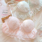 Sweet Peach Ruffled Wire-Free Bralette and Panty Set with Floral Embroidery