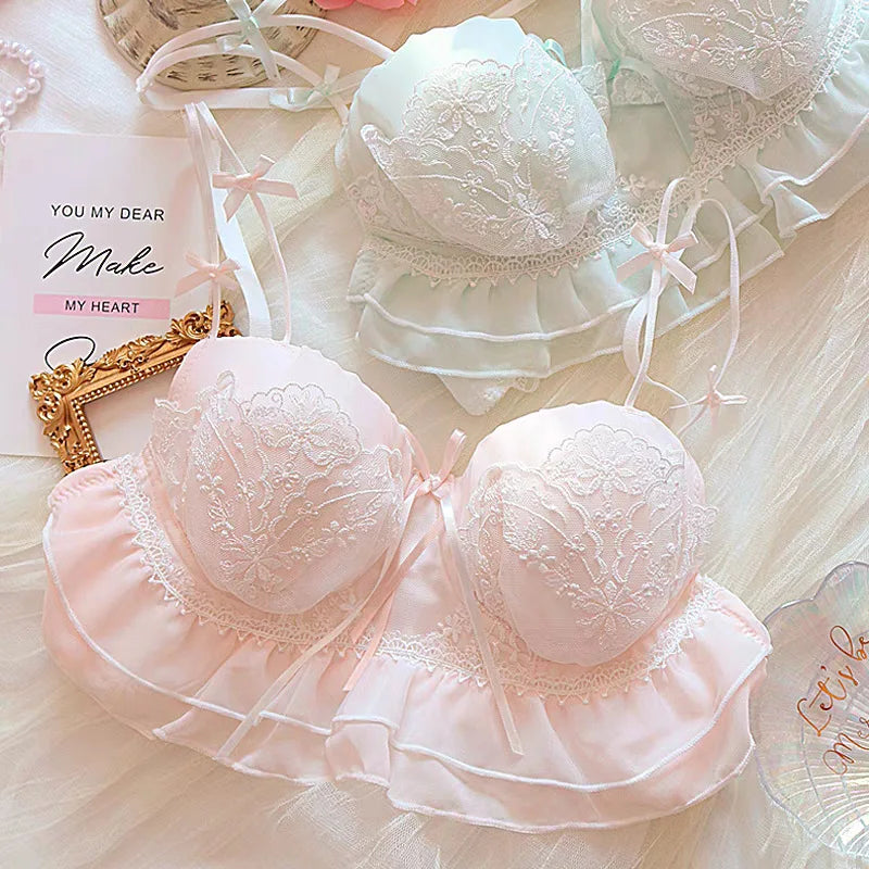 Sweet Peach Ruffled Wire-Free Bralette and Panty Set with Floral Embroidery