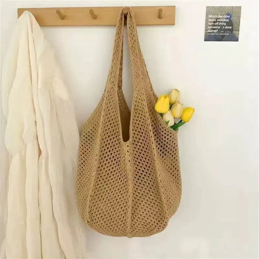 Open Knit Tote Shoulder Bag with Large Capacity Casual Design