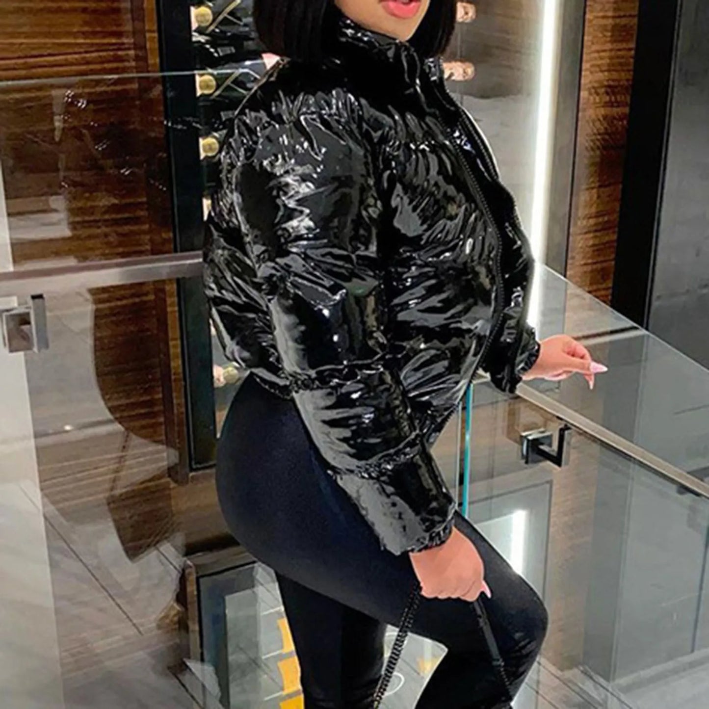 Women's Gloss Finish Puffer Bomber Jacket with Stand Collar Contemporary Streetwear Outerwear