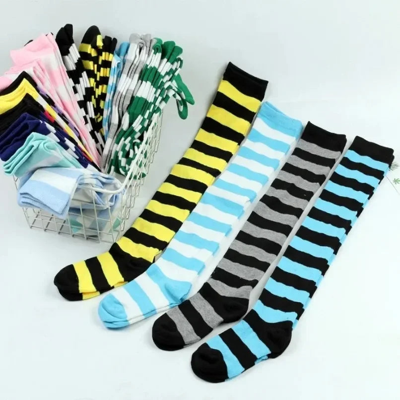 Striped Thigh High Socks with Stretch Knit Construction for Casual Y2K Streetwear Fashion