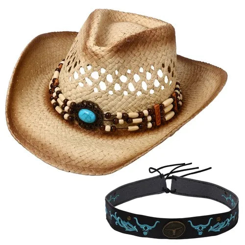 Wide Brim Straw Cowboy Hat with Decorative Band for Summer Outdoor and Festival Style